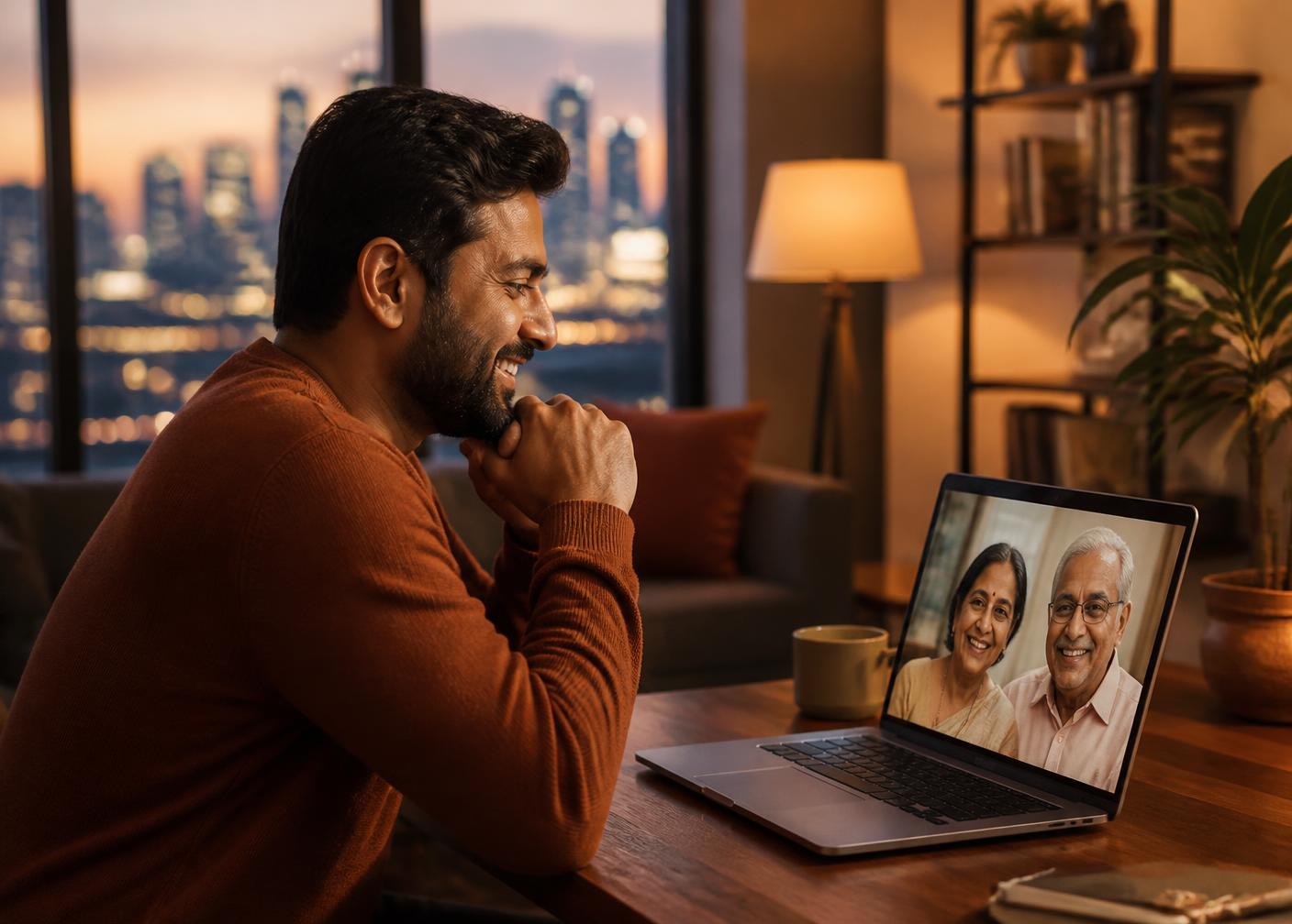 An adult son on a video call with his parents from abroad