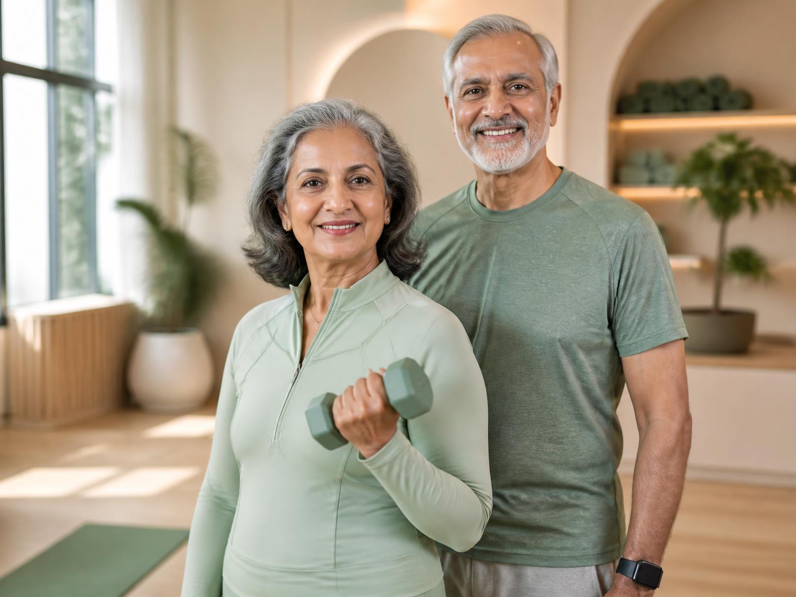 A confident Indian couple in their sixties training together in a bright PRIME TRIBE studio
